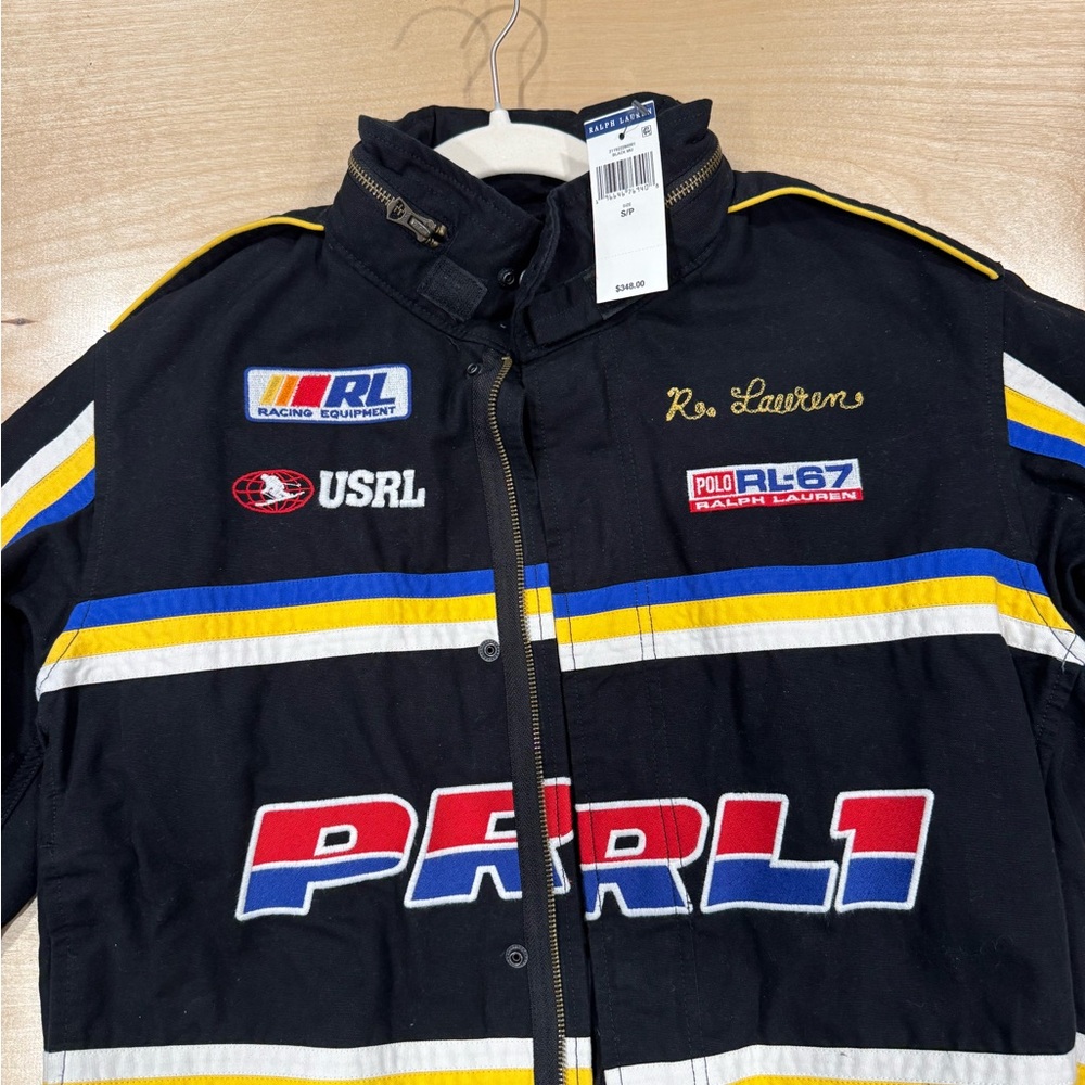 Ralph Lauren Black Racing-Style Jacket with Blue, Yellow & White Stripes